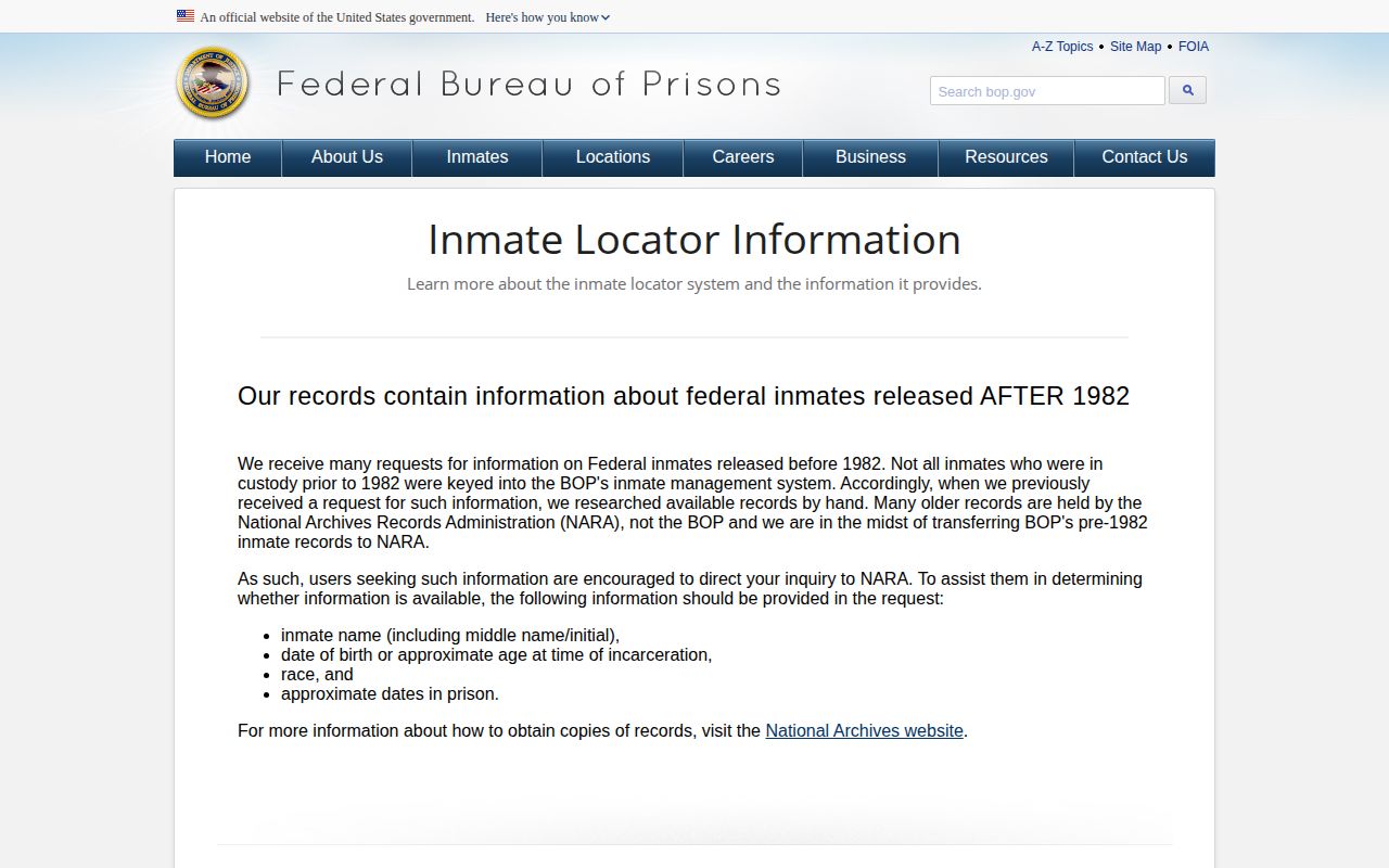 Federal Bureau of Prisons explanation of inmate locator records and released status
