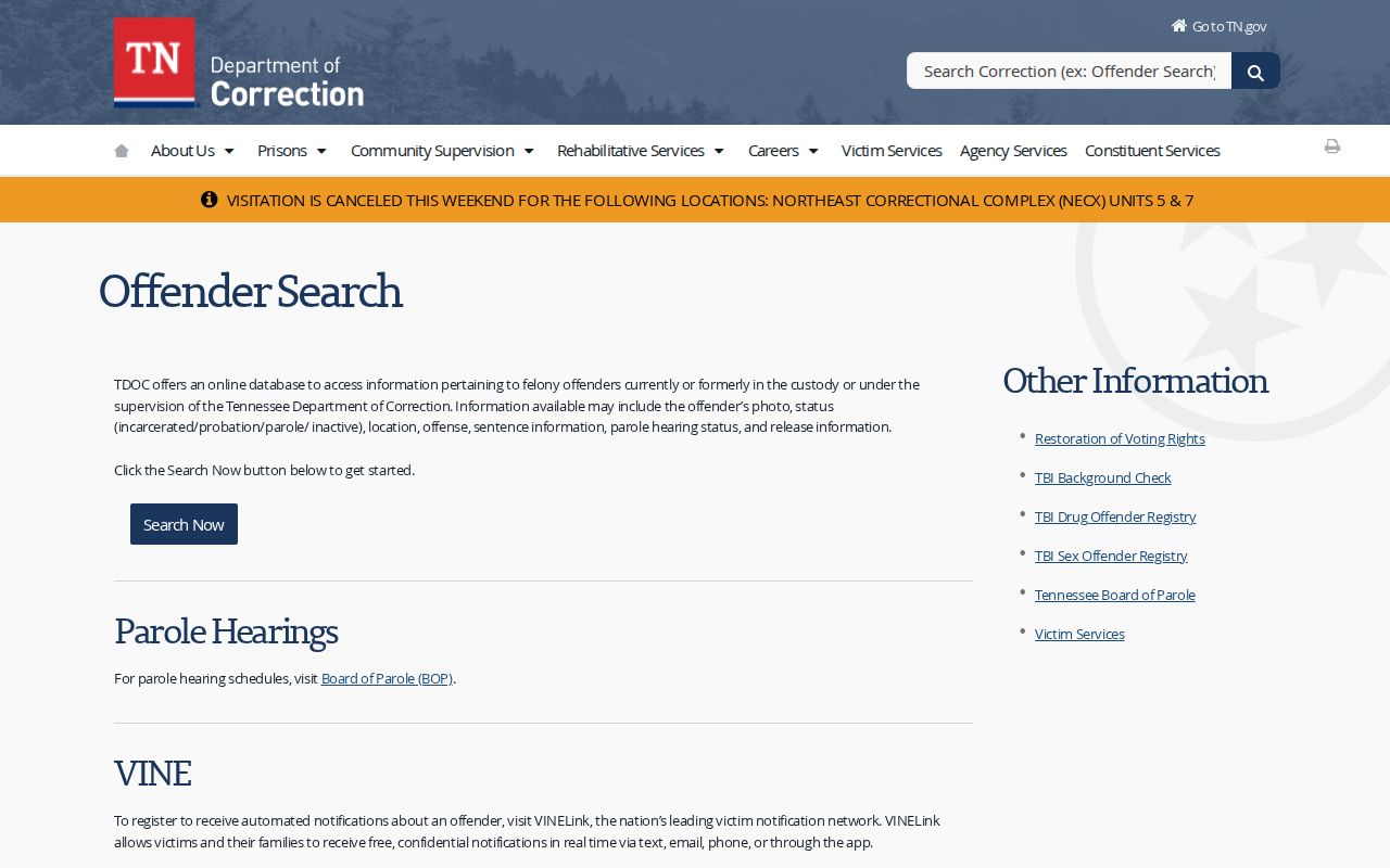 Tennessee Department of Correction FOIL offender search information page