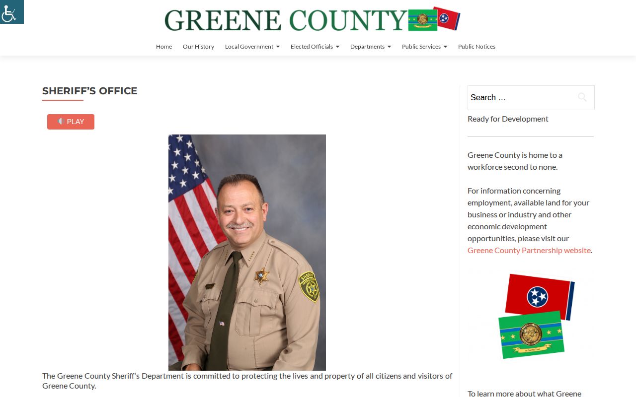 Greene County Sheriff's Office page showing detention facility history and capacity information