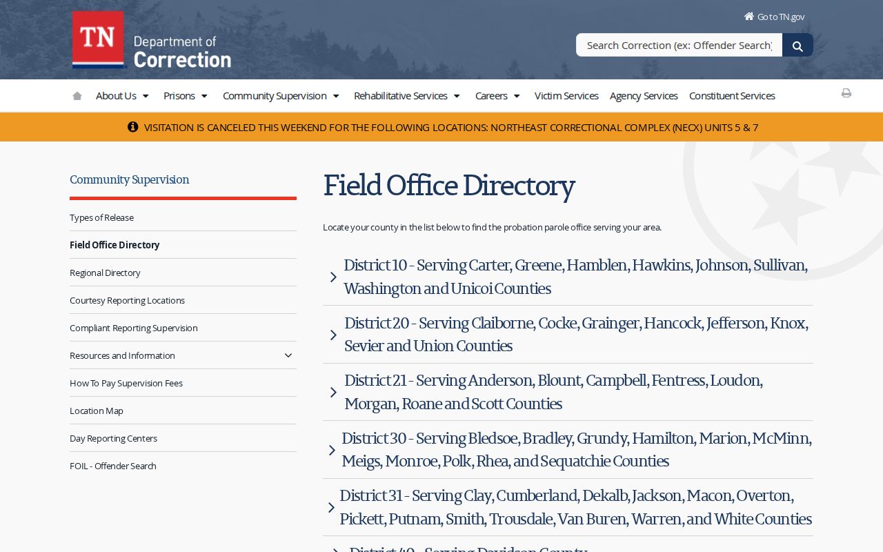 TDOC directory for Greene County post-release supervision